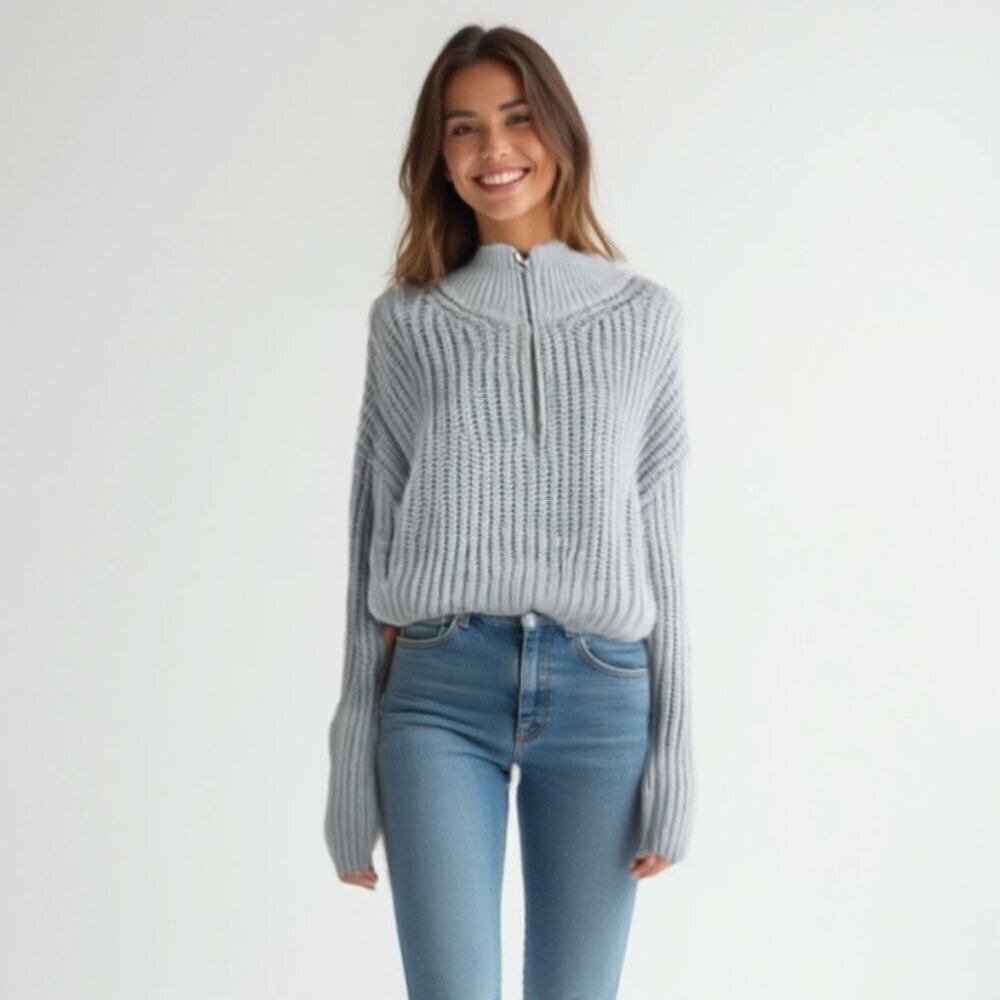 Garage Cozy Oversized Gray Cable Knit Zip Mock Neck Sweater - NWT